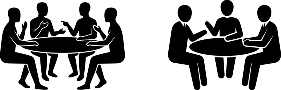 Business people silhouettes having a meeting at a round table icon set