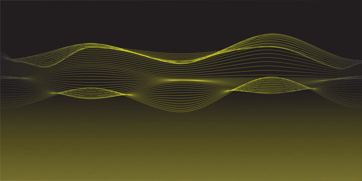 Futuristic yellow digital wave lines on dark background. Abstract flowing particle wireframe, sound frequency or technology energy concept. Vector illustration.