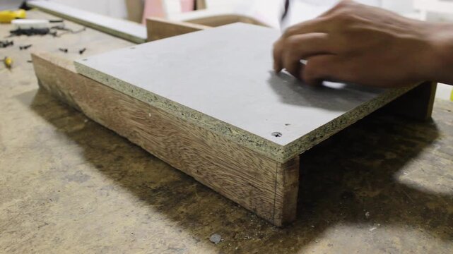 An upholsterer is using a cordless electric drill to drive a metal screw into a board inside a carpentry workshop in Neiva, Huila, Colombia. Concept of industry and handmade