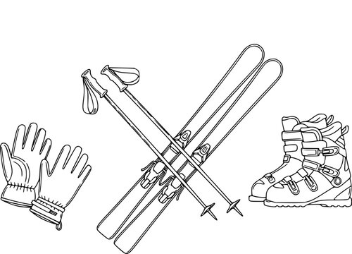 Black and white line of ski gear: skis, poles, boots, and gloves white background