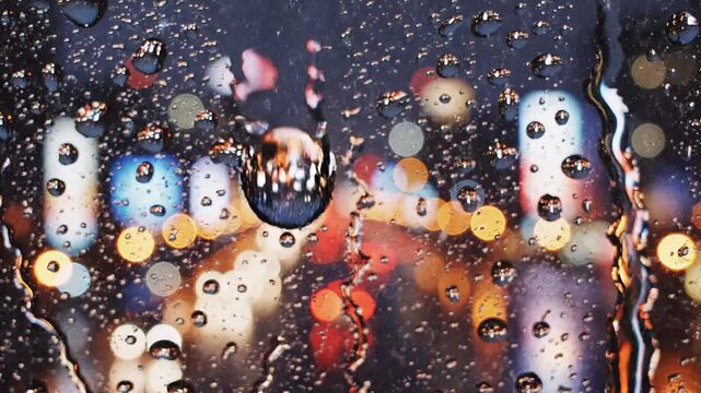 Raindrops on Window Glass with Blurred City Night Lights Background. 
