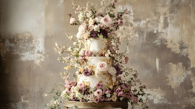 Multi-tiered wedding cake adorned with abundant fresh roses and delicate florals set against a rustic background.