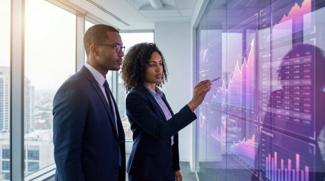 Business professionals analyze purple digital charts on glass display to evaluate performance and growth.