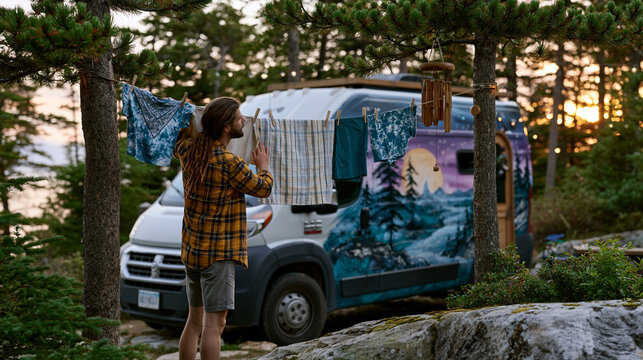 Van life traveler hanging laundry on a line strung between two pine trees at a summer campsite, the van's side mural visible, a handmade wind chime above the door, early morning mist still clinging 