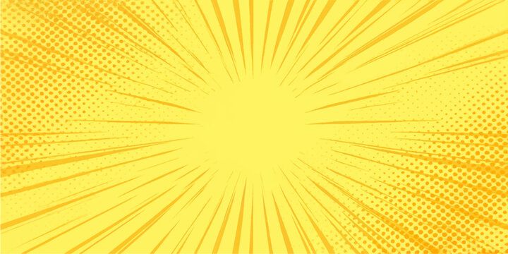 An abstract yellow background vector illustration featuring a bright sunburst of orange rays and light beams to create a warm summer sunrise explosion