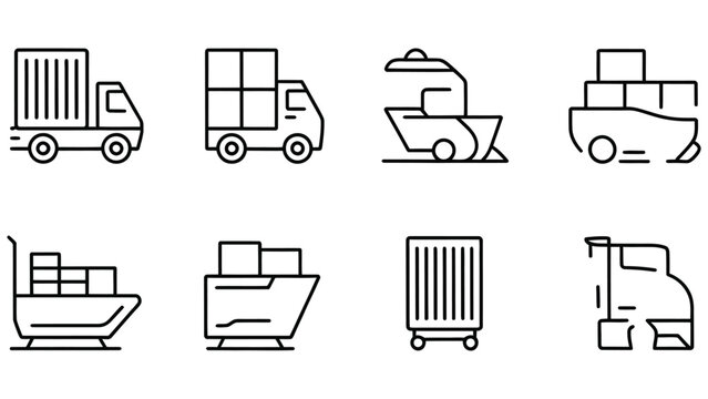 Collection of eight simplified vector line art icons representing various modes of cargo transportation and shipping methods