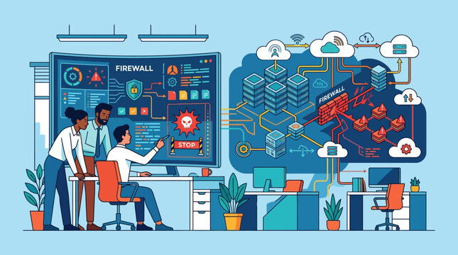 Cybersecurity Team Monitoring Network Firewall and Data Security in Modern Office Illustration