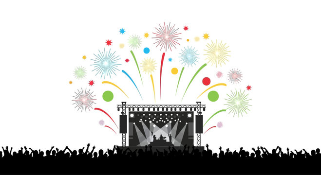 Silhouette of a cheering crowd at a music festival concert stage with colorful fireworks display.