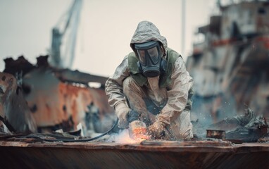 Obraz premium Worker in protective suit welding metal outdoors in industrial setting