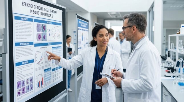 Two scientists discussing a scientific poster in a laboratory setting.