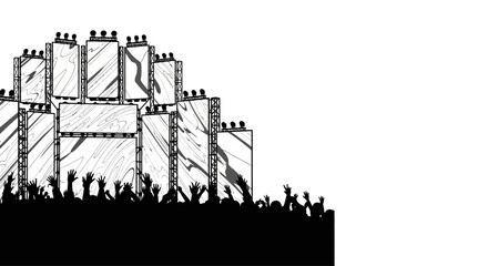 Black and white sketch illustration of a music festival stage with a crowd. © Aagil_Umais