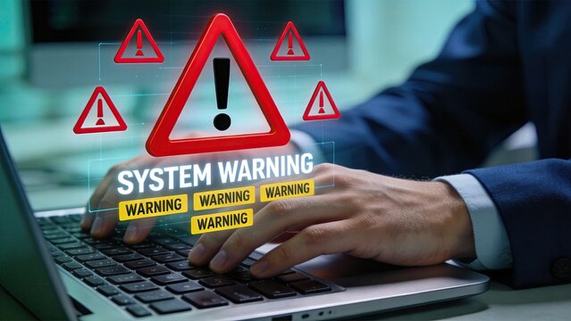 System warning alert on laptop screen with red exclamation mark triangle icons, cybersecurity threat detection, computer virus protection concept
