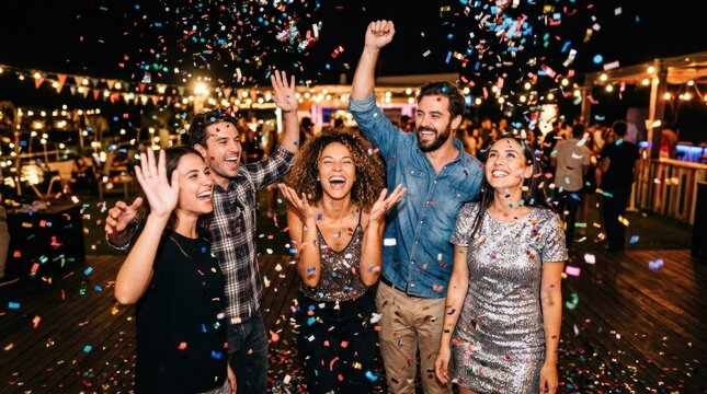 A group of people celebrating with confetti at a party.