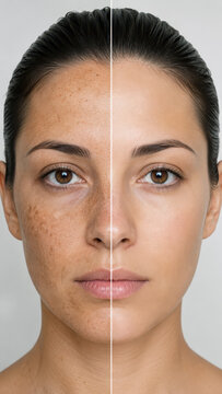 Split face comparison showing skin with sunscreen protection and without SPF, concept of sun damage prevention, photoaging effects, UV exposure impact, healthy skincare and daily sun defense