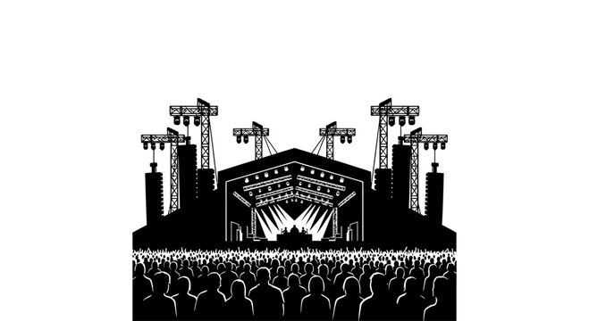 Black and white silhouette of a music festival stage with a cheering crowd.