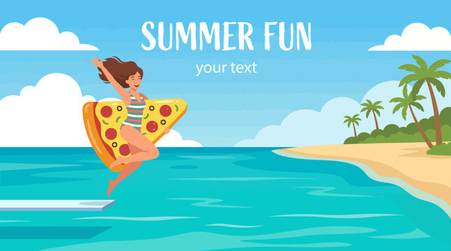 This image captures the essence of summer fun as a young woman joyfully jumps off a diving board, enjoying leisure and relaxation with a pizza-themed inflatable float.