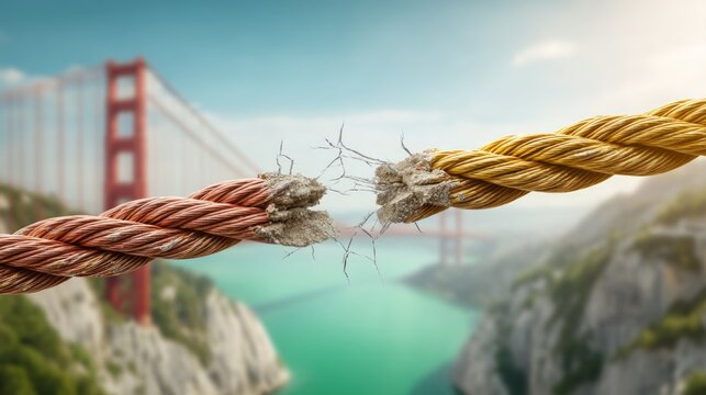 Close-up of frayed rope strands breaking with bridge and river background