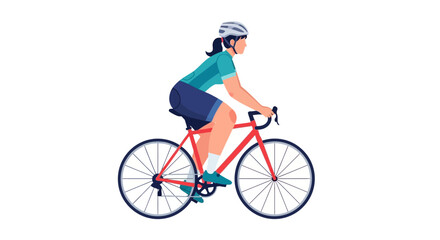 Naklejka premium Woman cyclist wearing helmet rides a red bicycle on white background, side view illustration