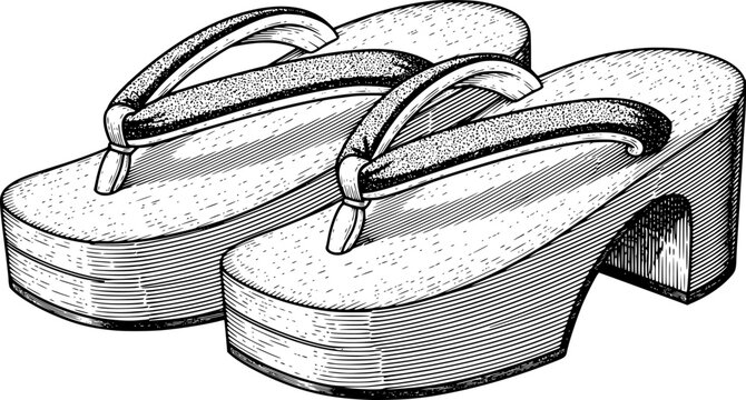 Traditional japanese geta wooden sandals, detailed line white background