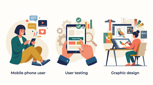 This illustration captures a mobile phone user engaged with interactive content while analyzing data, focusing on user experience and digital communication.