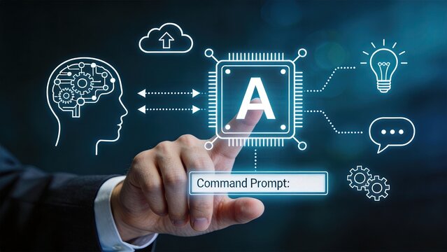 Artificial intelligence concept with command prompt interface, digital brain processing data and cloud computing technology for business automation and innovation solutions