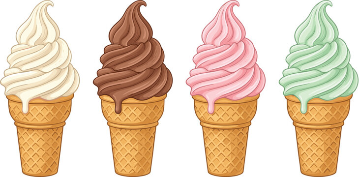 Soft serve ice cream cones vector collection with vanilla chocolate strawberry and mint flavors isolated on white background