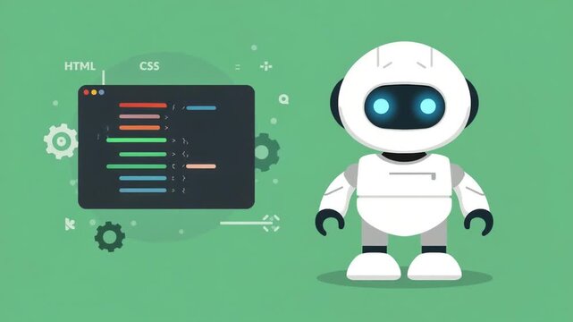 Cute cartoon robot with glowing blue eyes next to a computer screen displaying HTML and CS code Keywords: robot, cartoon, cute, AI, artificial intelligence, technology, coding, programming