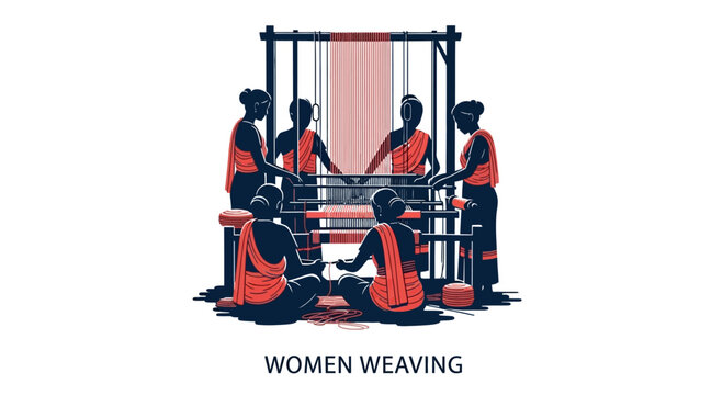 Group of women working together on a traditional handloom textile weaving process.