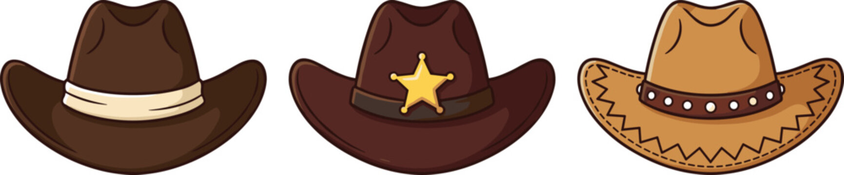 Cowboy and sheriff hats vector illustration collection with leather band gold star badge and metal studs isolated on white background