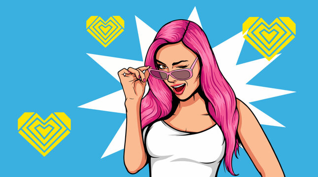 A vibrant illustration of a confident woman with pink hair and sunglasses, radiating charisma and charm, ideal for fashion and beauty themed apparel or promotions.