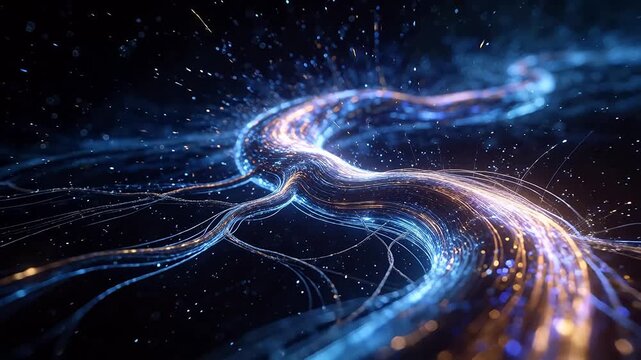 Abstract technology vortex with blue purple and orange glowing particles