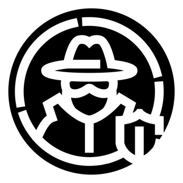 Anonymous person wearing a fedora hat and a mask, standing in a protective stance with a shield icon, representing concepts of online security, privacy, and digital protection
