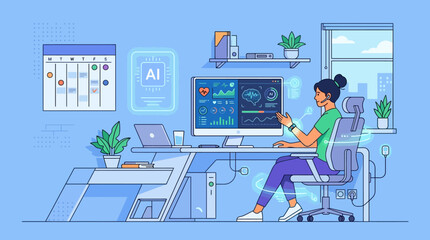 Naklejka premium Futuristic Office Illustration: Woman Monitoring AI-Powered Health Data and Biometrics in High-Tech Workspace