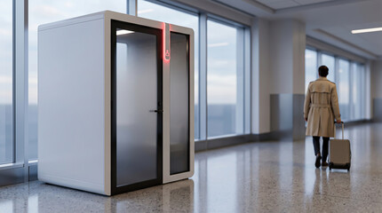 Fototapeta premium Utilizing soundproof acoustic isolation pods within transit hubs to facilitate confidential corporate communication and enhance global operational productivity.