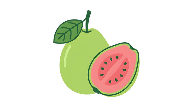 Fresh guava fruit and half slice with pink pulp and green leaf isolated on white background.