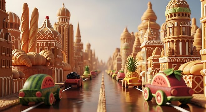 A fantasy city made of gingerbread and candy with toy cars driving down the street
