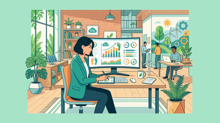 Fototapeta premium Business woman analyzing carbon footprint and sustainability data in an eco-friendly office environment. ESG, renewable energy, and corporate environmental responsibility concept.