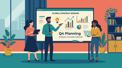 An engaging illustration of a global strategy session, highlighting teamwork and planning through visuals, perfect for business professionals and corporate training. © Olivia