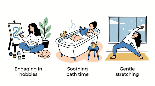 The image portrays engaging in hobbies, soothing bath time, and gentle stretching, emphasizing the importance of relaxation and creativity for mental wellness.