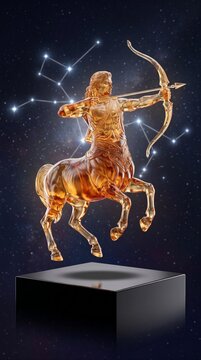 Celestial Topaz Amber Crystal Centaurus Centaur of Centaurus Constellation Levitating Above Obsidian Pedestal