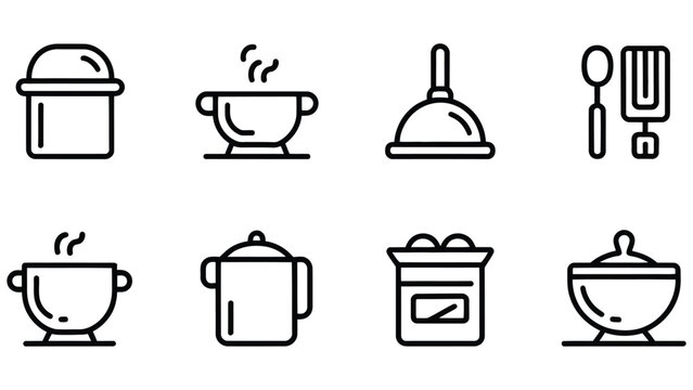 Collection of minimalist line art icons representing various cooking and food preparation vessels and utensils