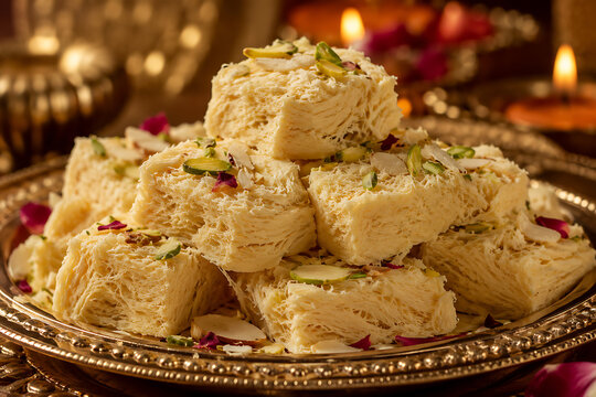 Close-up of soan papdi flakes on a decorative tray  Indian festival sweet  delicate texture  warm festive lighting