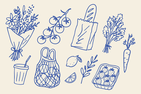 Farmers Market Food Flowers Blue Doodle Sketch Set Vector