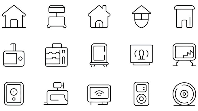 Collection of minimalist outline icons representing various objects like houses scales luggage portable speakers and technological devices for graphic design use