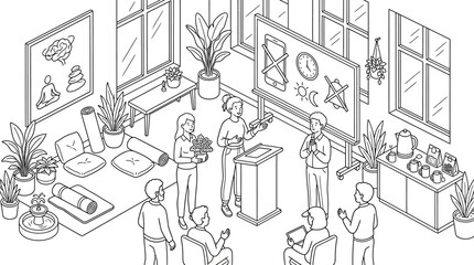 Obraz premium Digital Detox and Mindfulness Workshop Isometric Line Art Illustration - Mental Health Seminar in Modern Office Space