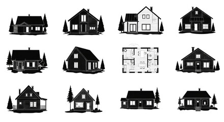 Naklejka premium Scandinavian Luxury Cabin Collection Nordic Cottage Elevation Blueprint Vector Set
