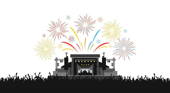Silhouette of a concert stage with cheering crowd and colorful fireworks.