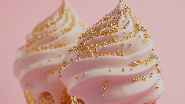 金色の粒が飾られたピンクのソフトクリームの渦巻き。甘くて贅沢な夏のデザート