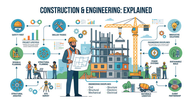 Construction and engineering infographic displays structural planning, project management, safety protocols, and professional workflows in the building industry.