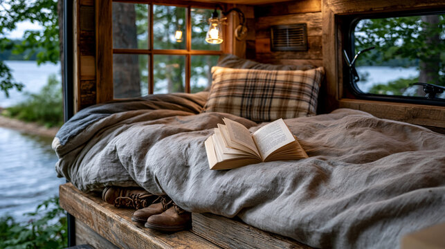 Narrow van life sleeping loft made up with a linen duvet and a clipped reading light, paperback book splayed open, boots tucked under the platform, the van parked beside a summer lake barely visible